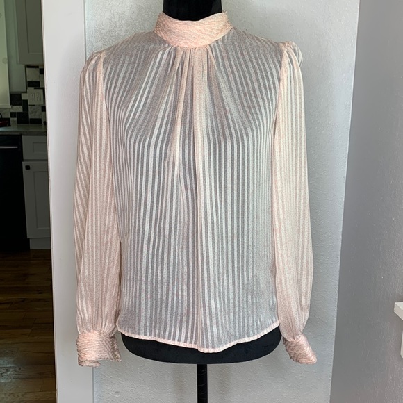 Liz Baker petite pink subtle stripe polka dot sheer long sleeve blouse - Picture 1 of 7